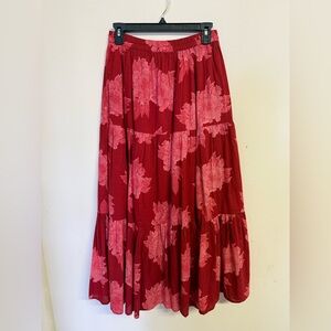 Women's Red Floral Tiered Maxi Skirt with Pink Print